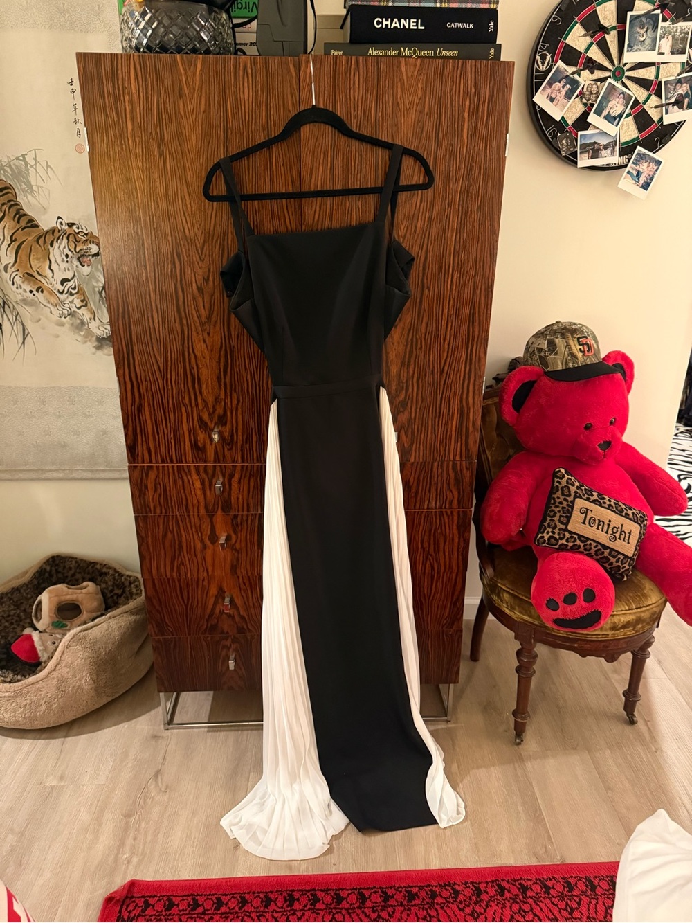 BCBGMaxAzria Black and White One-Shoulder Evening Gown